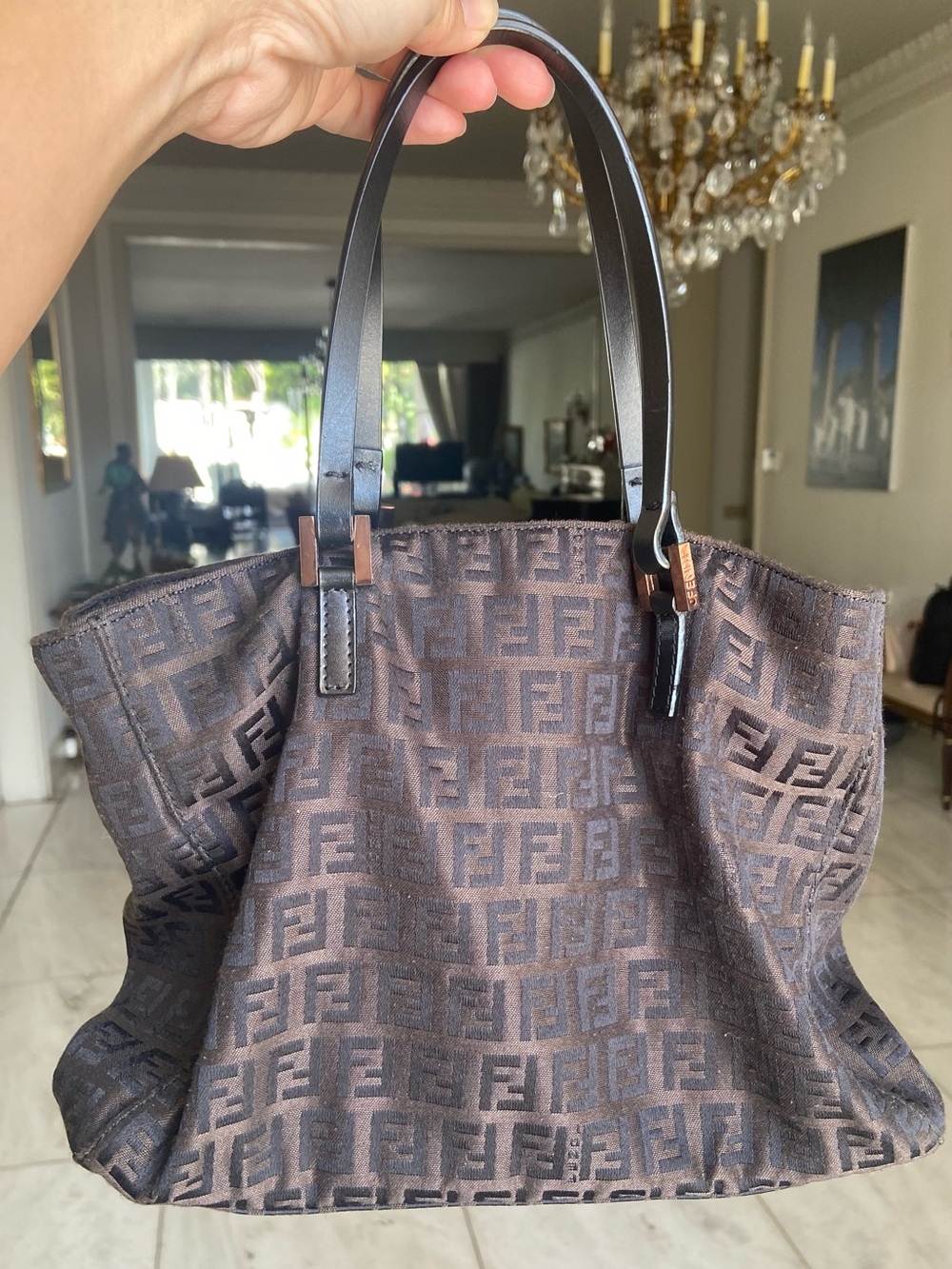 Fendi Chocolate Brown Monogram Tote with Leather Handles & Rose Gold Hardware